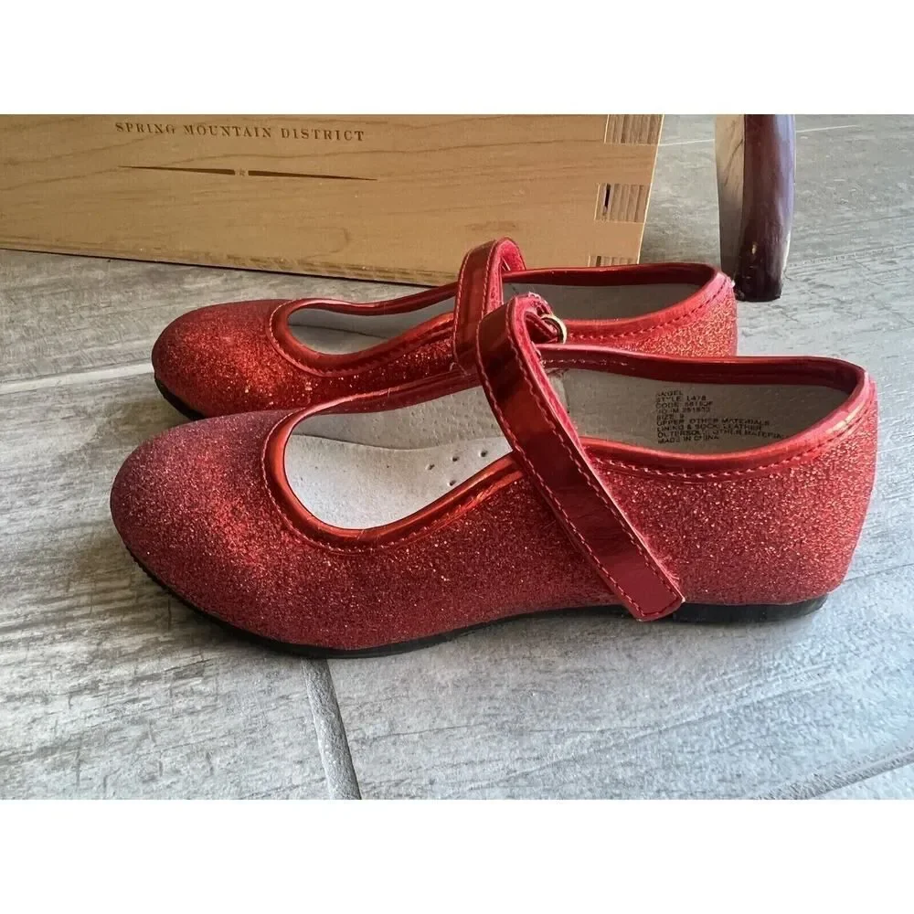 Angel Girls Glitter Mary Jane Red Leather Lining Dorothy Ruby Slippers Holiday 9